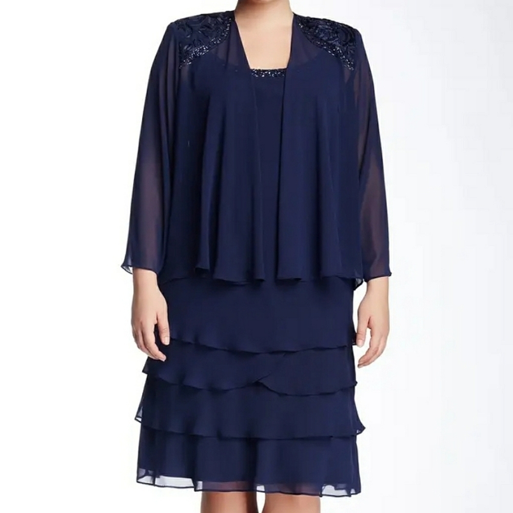 SLNY Embellished Tiered Dress with Jacket Navy Size 16W